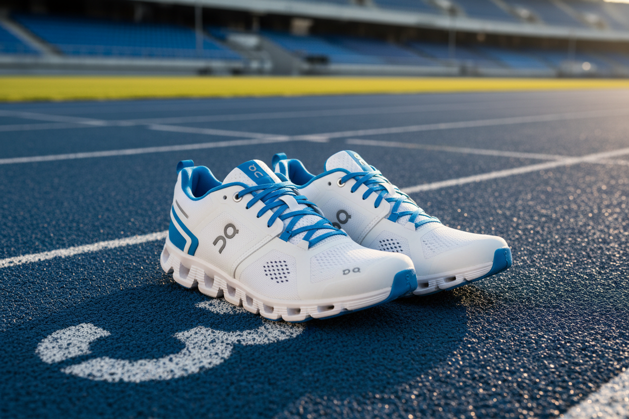 On Cloud Tilt blanca y azul en pista de atletismo